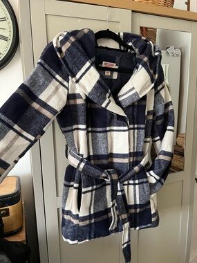 Mossimo Supply Co. Hooded Plaid Belted Coat - Navy, White & Tan